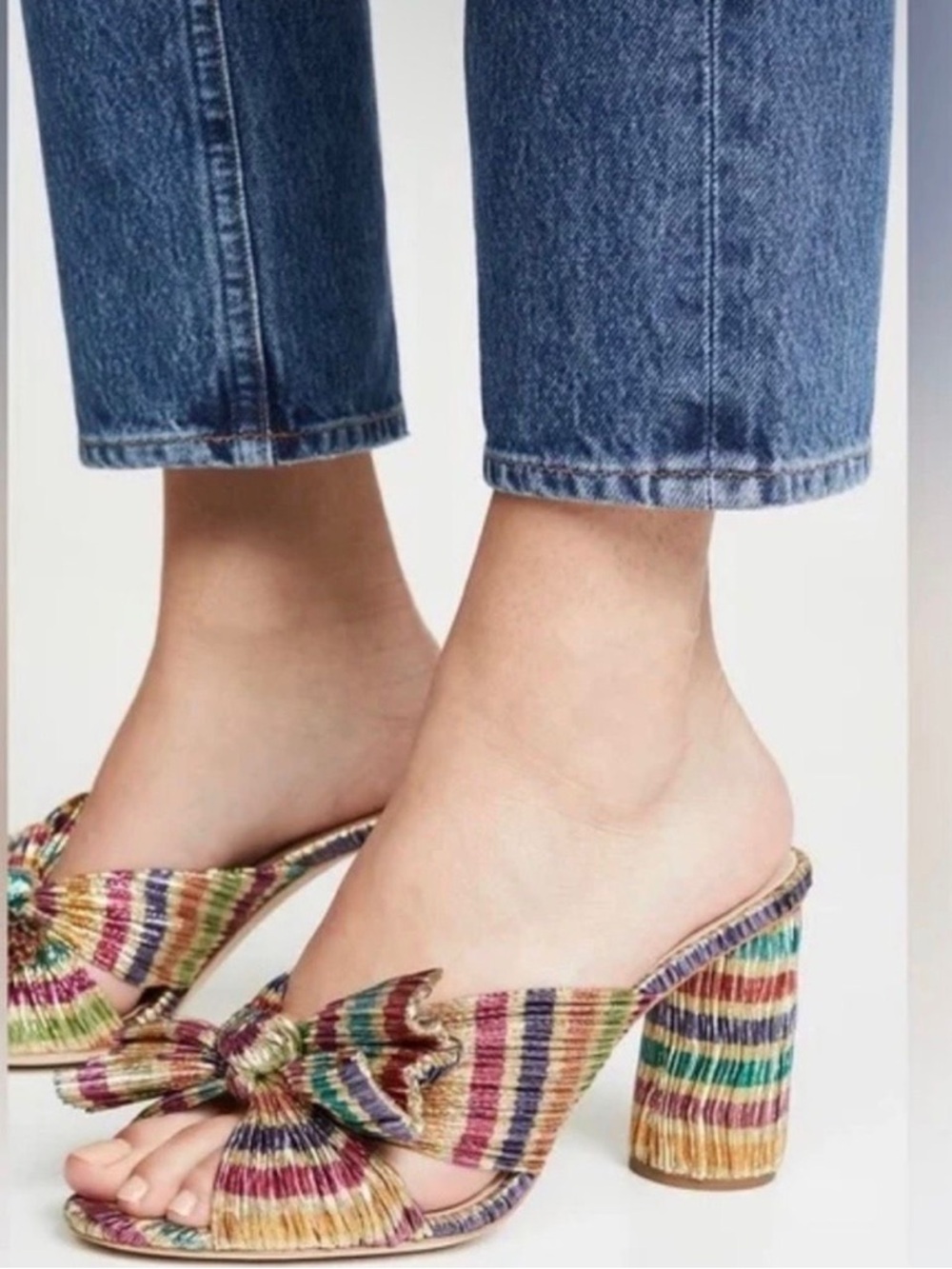 Loeffler Randall Penny Heeled  Rainbow Stripe Sandals Boho Bow size 10
